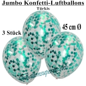 Jumbo Konfetti-Luftballons 45 cm, Transparent mit türkisem Konfetti gefüllt, 3 Stück