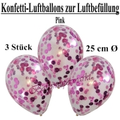 Konfetti-Luftballons 25 cm, Kristall, Transparent mit pinkfarbenem Konfetti gefüllt, 3 Stück