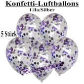 Konfetti-Luftballons 30 cm, Kristall, Transparent mit fliederfarbenem und silbernem Konfetti gefüllt, 5 Stück