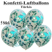 Konfetti-Luftballons 30 cm, Kristall, Transparent mit türkisenem Konfetti gefüllt, 5 Stück