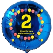 Luftballon aus Folie zum 2. Geburtstag, blauer Rundballon, Balloons, Herzlichen Glückwunsch, inklusive Ballongas
