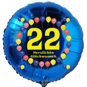 Luftballon aus Folie zum 22. Geburtstag, blauer Rundballon, Balloons, Herzlichen Glückwunsch, inklusive Ballongas