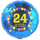 Luftballon aus Folie zum 24. Geburtstag, blauer Rundballon, Zahl 24, Balloons, Herzlichen Glückwunsch, inklusive Ballongas