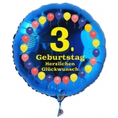 Luftballon aus Folie zum 3. Geburtstag, blauer Rundballon, Balloons, Herzlichen Glückwunsch, inklusive Ballongas