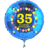 Luftballon aus Folie zum 35. Geburtstag, blauer Rundballon, Zahl 35, Balloons, Herzlichen Glückwunsch, inklusive Ballongas