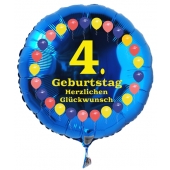 Luftballon aus Folie zum 4. Geburtstag, blauer Rundballon, Balloons, Herzlichen Glückwunsch, inklusive Ballongas