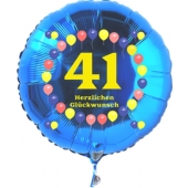 Luftballon aus Folie zum 41. Geburtstag, blauer Rundballon, Zahl 41, Balloons, Herzlichen Glückwunsch, inklusive Ballongas