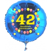 Luftballon aus Folie zum 42. Geburtstag, blauer Rundballon, Zahl 42, Balloons, Herzlichen Glückwunsch, inklusive Ballongas