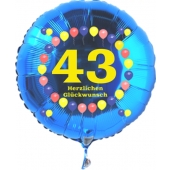 Luftballon aus Folie zum 43. Geburtstag, blauer Rundballon, Zahl 43, Balloons, Herzlichen Glückwunsch, inklusive Ballongas