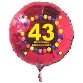 Luftballon aus Folie zum 43. Geburtstag, roter Rundballon, Zahl 43, Balloons, Herzlichen Glückwunsch, inklusive Ballongas