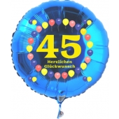 Luftballon aus Folie zum 45. Geburtstag, blauer Rundballon, Zahl 45, Balloons, Herzlichen Glückwunsch, inklusive Ballongas