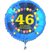 Luftballon aus Folie zum 46. Geburtstag, blauer Rundballon, Zahl 46, Balloons, Herzlichen Glückwunsch, inklusive Ballongas