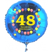 Luftballon aus Folie zum 48. Geburtstag, blauer Rundballon, Zahl 48, Balloons, Herzlichen Glückwunsch, inklusive Ballongas