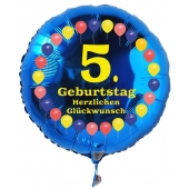 Luftballon aus Folie zum 5. Geburtstag, blauer Rundballon, Balloons, Herzlichen Glückwunsch, inklusive Ballongas