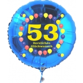 Luftballon aus Folie zum 53. Geburtstag, blauer Rundballon, Zahl 53, Balloons, Herzlichen Glückwunsch, inklusive Ballongas