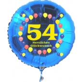 Luftballon aus Folie zum 54. Geburtstag, blauer Rundballon, Zahl 54, Balloons, Herzlichen Glückwunsch, inklusive Ballongas