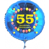 Luftballon aus Folie zum 55. Geburtstag, blauer Rundballon, Zahl 55, Balloons, Herzlichen Glückwunsch, inklusive Ballongas