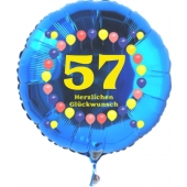 Luftballon aus Folie zum 57. Geburtstag, blauer Rundballon, Zahl 57, Balloons, Herzlichen Glückwunsch, inklusive Ballongas