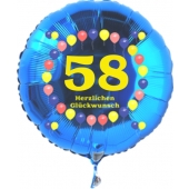 Luftballon aus Folie zum 58. Geburtstag, blauer Rundballon, Zahl 58, Balloons, Herzlichen Glückwunsch, inklusive Ballongas