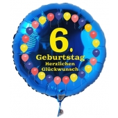 Luftballon aus Folie zum 6. Geburtstag, blauer Rundballon, Balloons, Herzlichen Glückwunsch, inklusive Ballongas