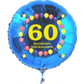 Luftballon aus Folie zum 60. Geburtstag, blauer Rundballon, Zahl 60, Balloons, Herzlichen Glückwunsch, inklusive Ballongas