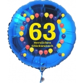 Luftballon aus Folie zum 63. Geburtstag, blauer Rundballon, Balloons, Herzlichen Glückwunsch, inklusive Ballongas