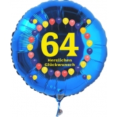 Luftballon aus Folie zum 64. Geburtstag, blauer Rundballon, Balloons, Herzlichen Glückwunsch, inklusive Ballongas