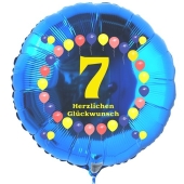 Luftballon aus Folie zum 7. Geburtstag, Herzlichen Glückwunsch Ballons 7, blau, ohne Ballongas