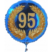 Luftballon aus Folie zum 95. Geburtstag, blauer Rundballon, Zahl 95 im Lorbeerkranz, inklusive Ballongas