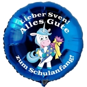 Alles Gute zum Schulanfang personalisierter blauer Luftballon mit Einhorn und Namen des Schulanfängers aus Folie inklusive Ballongas Helium