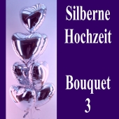 Silberne Hochzeit, Bouquet 3, silberne Herzluftballons mit Ballongas, Silberhochzeit Dekoration