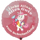 Alles Gute zum Schulanfang personalisierter rosa Luftballon mit Einhorn und Namen des Schulanfängers aus Folie inklusive Ballongas Helium