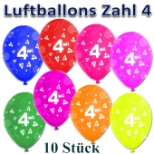 Luftballons Zahl 4 zum 4. Geburtstag, 10 Stück, bunt
