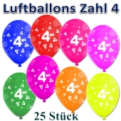 Luftballons Zahl 4 zum 4. Geburtstag, 25 Stück, bunt