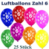 Luftballons Zahl 6 zum 6. Geburtstag, 25 Stück, bunt