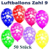 Luftballons Zahl 9 zum 9. Geburtstag, 50 Stück, bunt