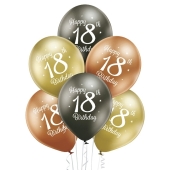 Luftballons Happy 18th Birthday, Latexballons 12", Chromefarben Gold, Anthrazit und Kupfer, 6 Stück