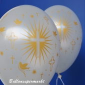 Luftballons in Weiß mit goldenen Religionssymbolen, zu Konfirmation und Kommunion