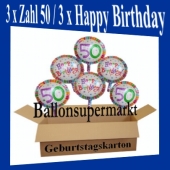 Luftballons mit Helium zum 50. Geburtstag, 3 Luftballons Happy Birthday und 3 Luftballons mit der Zahl 50