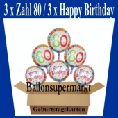 Luftballons mit Helium zum 80. Geburtstag, 3 Luftballons Happy Birthday und 3 Luftballons mit der Zahl 80