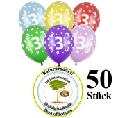 Luftballons mit der Zahl 3 zum 3. Geburtstag, 50 Stück, bunt gemischt, 30-33 cm