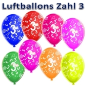 Luftballons Zahl 3 zum 3. Geburtstag, 5 Stück, bunt