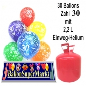 30 Luftballons Zahl 30 zum 30. Geburtstag mit dem Helium-Einwegbehälter