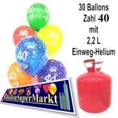 30 Luftballons Zahl 40 zum 40. Geburtstag mit dem Helium-Einwegbehälter