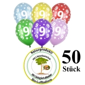 Luftballons mit der Zahl 9 zum 9. Geburtstag, 50 Stück, bunt gemischt, 30-33 cm