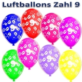 Luftballons Zahl 9 zum 9. Geburtstag, 5 Stück, bunt