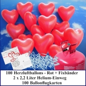 Luftballons zur Hochzeit steigen lassen, 100 rote Herzluftballons Helium-Einweg Set mit Ballonflugkarten