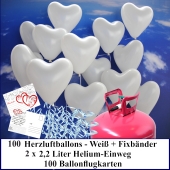Luftballons zur Hochzeit steigen lassen, 100 weiße Herzluftballons Helium-Einweg Set mit Ballonflugkarten