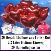 Luftballons zur Hochzeit steigen lassen, 20 rote Herzluftballons aus Folie, Helium-Einweg Set mit Ballonflugkarten