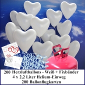 Luftballons zur Hochzeit steigen lassen, 200 weiße Herzluftballons Helium-Einweg Set mit Ballonflugkarten